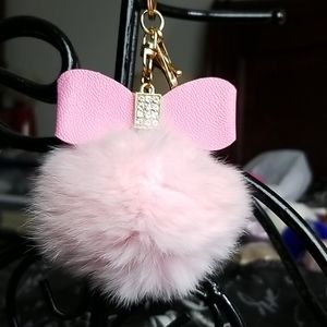 Light Pink  pom pom keychain bow rhinestone